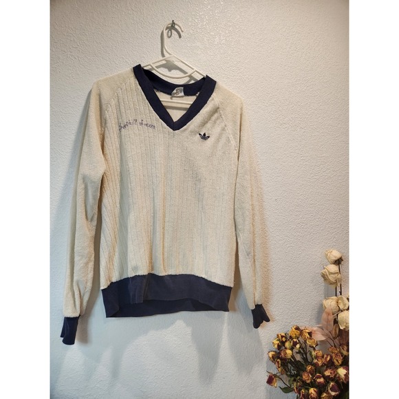 Vintage 80s Adidas Trefoil Sweatshirt Ribbed Terry PulloverL V-Neck Cream Navy